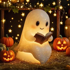 Lampada Notturna a Forma di Fantasma che Legge un Libro, Statua Decorativa Illuminata per Halloween, per Uso Interno - Product Image 1