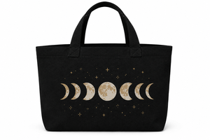 Bolsa de Lona Negra con Estampado de Fases Lunares, Estilo Bohemio, Cierre Personalizado para Compras y Viajes, Todas las Temporadas - Product Image 1