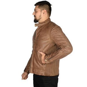 Veste en cuir véritable pour homme, style motard, marron vieilli, col mandarin, coupe ajustée, style vintage - Product Image 5