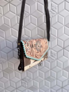 Hand Tooled Carving Leather Clutch Phone Case Stylish Cowhide <b>Fur</b> Unique Design Leather Turquoise Color Wallets for Women - Product Image 2