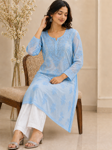 Kurta Recta de Algodón Bordada en Azul Polvo para Mujer, Compre Directamente del Proveedor - Product Image 3