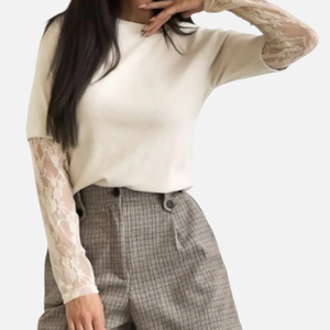 T-shirt à manches longues et col rond pour femme avec manches en dentelle, couleur unie, haut décontracté, vêtement d'automne, tissu tricoté respirant - Product Image 5