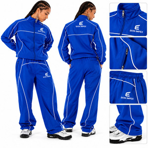 Custom Logo Royal Blue <b>Women</b> <b>Tracksuit</b> 2 Piece Set Baggy Wide Leg Pants <b>White</b> Piping Zip Up Track Jacket Streetwear Jogging Suit - Product Image 4
