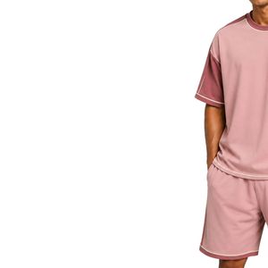 Pink Mens Oversized T Shirt And Shorts <b>Set</b> Dusty Rose Contrast Panels Customized Logo Crew Neck Casual Streetwear Wholesale - Product Image 3