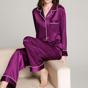 Women's Purple Satin Pajama Set Long Sleeve Full Length Button Front Elegant Sleepwear <b>100</b>% Silk Turn-down Collar - Product Image 5