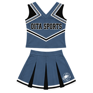 Ensemble d'uniforme de cheerleading bleu acier, noir et blanc, avec crop top sans manches à col en V et jupe plissée, pour spectacle de danse et équipe de cheerleading - Product Image 1