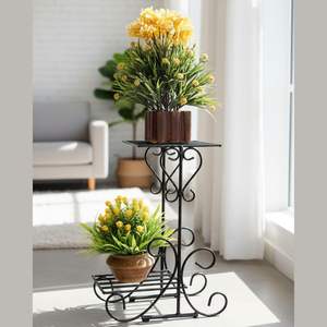 Support de plantes en métal d'extérieur MetalTouch à 2 niveaux, support de pot de fleurs en fer antirouille, élégant petit support de jardinière pour balcon en gros - Product Image 1