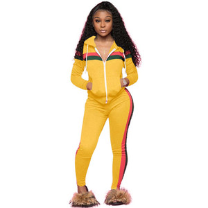 Conjunto Deportivo de Mujer, Amarillo, con Capucha, Diseño 2 en 1, Antiestático, de Forro Polar, Corte Regular, Pantalones Casuales con Bolsillos Laterales, para Otoño - Product Image 1