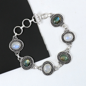 Wholesale Vintage Style Sterling Silver Plated Labradorite and Rainbow Moonstone Oval <b>Stone</b> Toggle Clasp Link <b>Bracelet</b> Bohemian - Product Image 6