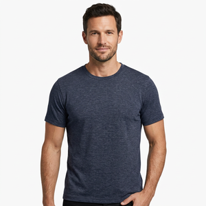T-shirt d'été décontracté pour homme, coupe classique, bleu marine uni, manches courtes, col rond, 100% coton, tricoté, respirant - Product Image 2