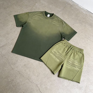 Custom Men's <b>Spray</b> Dyed Gradient T Shirt and Shorts <b>Set</b> Elastic Waist Drawstring Raw Edge Casual Streetwear Athletic Summer <b>Set</b> - Product Image 4