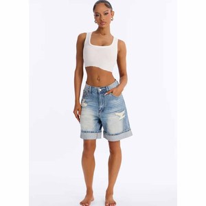 Shorts de mezclilla rasgados de cintura alta para mujer, ajuste relajado, estilo vintage azul, MOQ bajo - Product Image 3