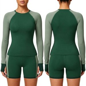 Color Block Forest Green Yoga <b>Tops</b> <b>Raglan</b> Sleeve Crew Neck Best Quality Nylon Spandex Stretch Quick Dry Running Gym <b>Tops</b> - Product Image 1