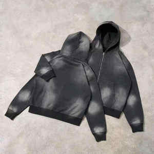 Ensemble sweat à capuche oversize dégradé pour homme, coupe droite, zippé, décontracté, pour l'automne, couleur dégradée noire, en molleton bouclette tricoté - Product Image 5