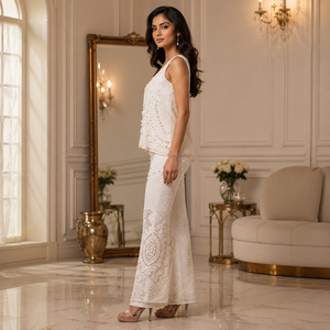Luxury Women 3D Pearl Co Ord Set Sleeveless Embellished <b>Top</b> Flared Pants Designer Wedding <b>Party</b> Evening Festival Outfit Premium - Product Image 3