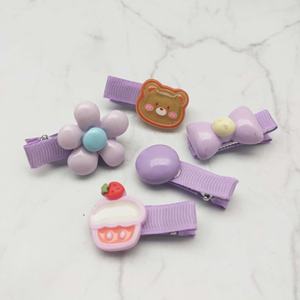 Ensemble de pinces à cheveux pour filles, en aluminium et ruban, couleur violet doux, avec fleurs 3D, gâteaux, ours et bonbons, confortables et sécurisées - Product Image 1