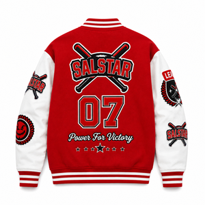 แจ็คเก็ตเบสบอลแบบ Varsity สีแดงขาวสั่งทำพิเศษ พรีเมียม ทำจากผ้าขนสัตว์ พร้อมป้ายปัก  ผู้ผลิตแบบ OEM/ODM - Product Image 4
