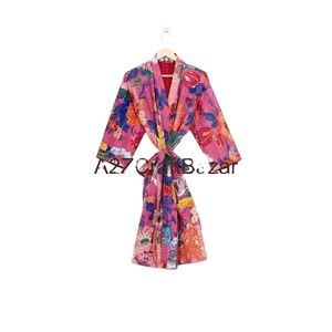 Handmade Vintage Luxury Floral Printed 100% Cotton V-Neck Drawstring Closure Short <b>Sleeve</b> Robe for Women Soft Breathable - Product Image 1