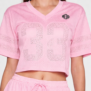 Ensemble de football américain pour femmes, style streetwear, avec crop top rose à strass et short à cordon de serrage, vêtements de sport, vente en gros, OEM USA - Product Image 1