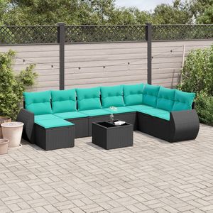 Set divano da giardino in Poly Rattan nero da 9 pezzi con cuscini da giardino - Product Image 1