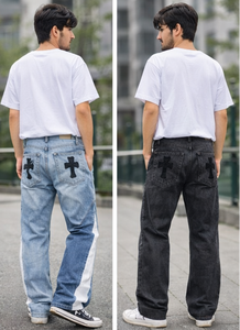 Jeans en denim de haute qualité à coupe droite et design croisé personnalisé pour hommes, taille haute, formel et décontracté, respirant, pour toutes les saisons - Product Image 4