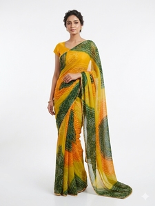 Sari de Seda con Estampado Digital Amarillo Verde para Mujer, Traje Tradicional de Boda, Largo hasta el Suelo, Corte Regular, Sin Arrugas, Estilo Indio, 7 Días - Product Image 2