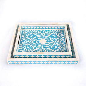 Traditional Wood Bone Inlay Tray with Geometric Pattern Elegant Accent for Dining <b>Coffee</b> <b>Table</b> - Product Image 2