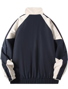 Men's Navy Color Blocking <b>Racer</b> <b>Jacket</b> Stand Collar Zipper Closure Breathable Polyester Autumn Sporty Style - Product Image 3