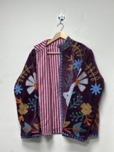 Boho <b>Velvet</b> Hand Embroidered Suzani Floral Pattern O-Neck Full Sleeve Autumn Unisex Multi-function Reversible <b>Jacket</b> - Product Image 2