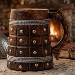 Mug à bière de voyage en bois élégant et moderne, fait main, écologique, durable, personnalisable, de haute qualité, avec poignée sculptée en bois - Product Image 1