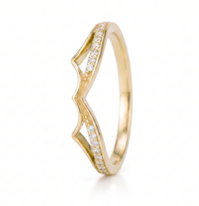 Bague de promesse minimaliste en or massif 14 carats avec moissanite taille ronde et diamants courbés, double rangée pavée, contour chevron - Product Image 2