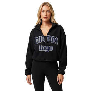 Bulk Custom Quarter-<b>Zip</b> Fleece Pullover Manufacturer | Wholesale Crop Stand Collar Women's Hoodies Vintage Text Versity Oversize - Product Image 1