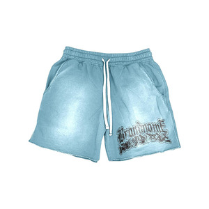 Shorts femme en coton molletonné 300 GSM, délavage acide, bleu clair, tissu doux, taille élastique, impression sérigraphique, logo personnalisé. - Product Image 1