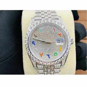 Reloj de Lujo Clásico para Negocios, 20 mm, Acero Inoxidable, Esfera Impresionante con Corte Baguette, Completamente Adornado con Moissanita, Números Romanos, Fecha - Product Image 1