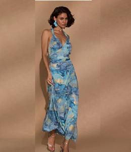 Robe longue dos nu à bretelles croisées pour femme, avec nœud à nouer dans le dos, imprimé floral, col licou, robe longue fluide, assortiment varié - Product Image 1