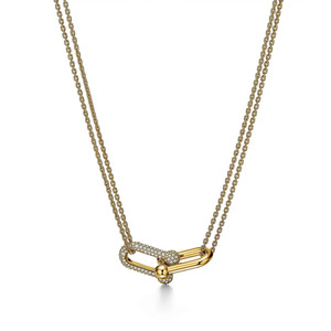 18K Yellow Gold Lab Grown Diamond Large Double Link Pendant <b>Necklace</b> with Pave Diamond for Women Adjustable <b>Statement</b> Jewelry - Product Image 1
