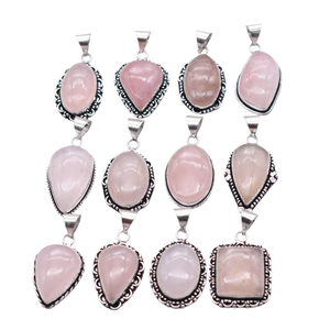 Lot de 5 Colliers Pendentifs Ovales en Quartz Rose Naturel et Obsidienne, Sertissage Bezel Plaqué Argent Antique, Bijoux Vintage Unisexe Chrétien - Product Image 1