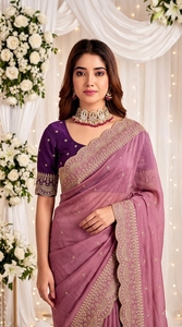 AARA Fashion Saree en soie violette avec broderie dorée, protection solaire, tenue de mariage indienne traditionnelle pour femme, longueur au sol, coupe classique - Product Image 3