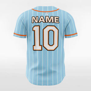 Camiseta de Béisbol Azul Cielo Sólido Personalizada 2025 con Ribete Naranja, Uniforme de Equipo con Botones, Nombre y Número Personalizados, Estilo Profesional, Venta al Por Mayor, Manga Corta - Product Image 4