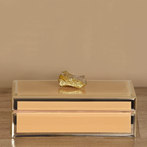 Golden Amber Glass Jewelry Storage Box with <b>Gold</b> Finished Natural Stone Handle Glossy Finish Decorative Keepsake Organizer - Product Image 1