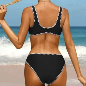 Women's 2-Piece Black Swim <b>Set</b> <b>Square</b> Neck Sleeveless High Waist Shorts Spandex Nylon Quick Dry Summer Sporty Style - Product Image 3