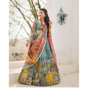 DESIGNER VICHITRA SILK DIGITAL PRINT WORK LEHENGA CHOLI AVEC DUPATTA SEA GREEN - Product Image 1