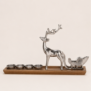 Handmade Aluminum Silver Reindeer And Sleigh <b>Tea</b> Light Candle Holder With Natural Mango Wood Base For Christmas Table Decoration - Product Image 2