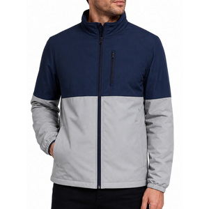 Chaqueta Softshell de Alta Calidad para Hombre en Azul Marino y Gris Claro con Bloques de Color, Cuello Alto, Cierre de Cremallera Frontal, Resistente al Viento, Informal para Uso en Exteriores - Product Image 1