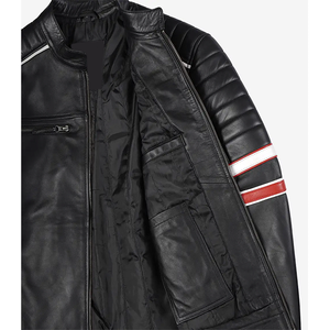 2026 Men's Black Cow Hide Leather <b>Jacket</b> With <b>Red</b> White Stripes Stand Collar Zipper Closure Slim Fit Regular Length Winter Wear - Product Image 3