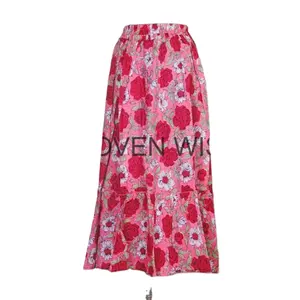 סיטונאי וייצור חצאית ארוכה מודפסת בלוק הודי, שמלת חצאית בהדפס פרחוני מכותנה טהורה, חצאית מקסי לנשים בוהו היפי
