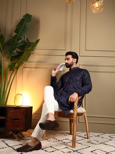 <b>Men</b> Navy Blue Silk <b>Kurta</b> Pajama Set Regular Fit Traditional Indian Pakistani Knee-Length Wrinkle Free Wedding Wear - Product Image 4