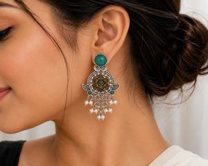 Oxidized Silver Bezel Setting Floral Ethnic Drop Earrings Boho Women's Party Jewelry - Product Image 3