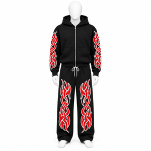 Men Hip Hop <b>Hoodie</b> Sweatpants Tracksuit Set <b>Black</b> Red Flame Print <b>Zip</b> <b>Up</b> 2 Piece - Product Image 1