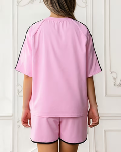 Women 2-Piece Pink Knitted Shorts Set Crew Neck Short Sleeve Sporty Loose Fit Breathable Summer Outfit - Product Image 5